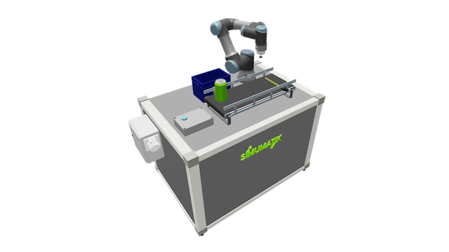 Compact robotic arm workstation with a conveyor belt, a blue bin, and a green canister on top, branded with the word 'SIMUMATIK'.