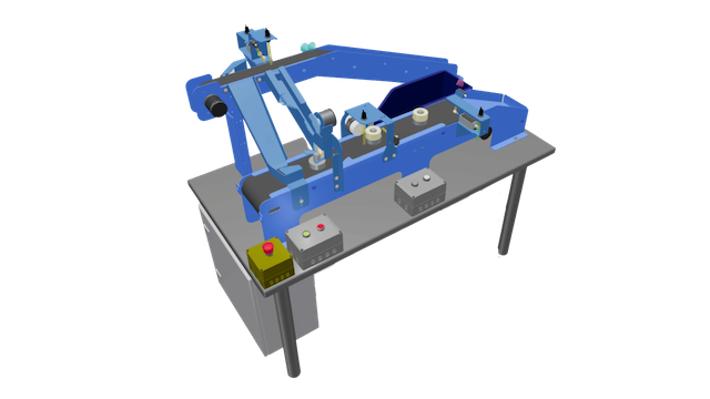 3D model of a blue conveyor belt system with rollers and control boxes on a gray table.