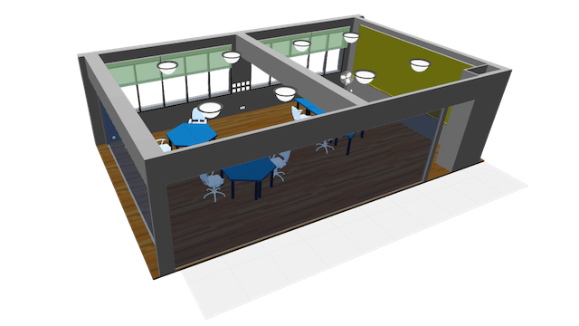 3D model of a modern office with two rooms, blue hexagonal tables, office chairs, and large windows.