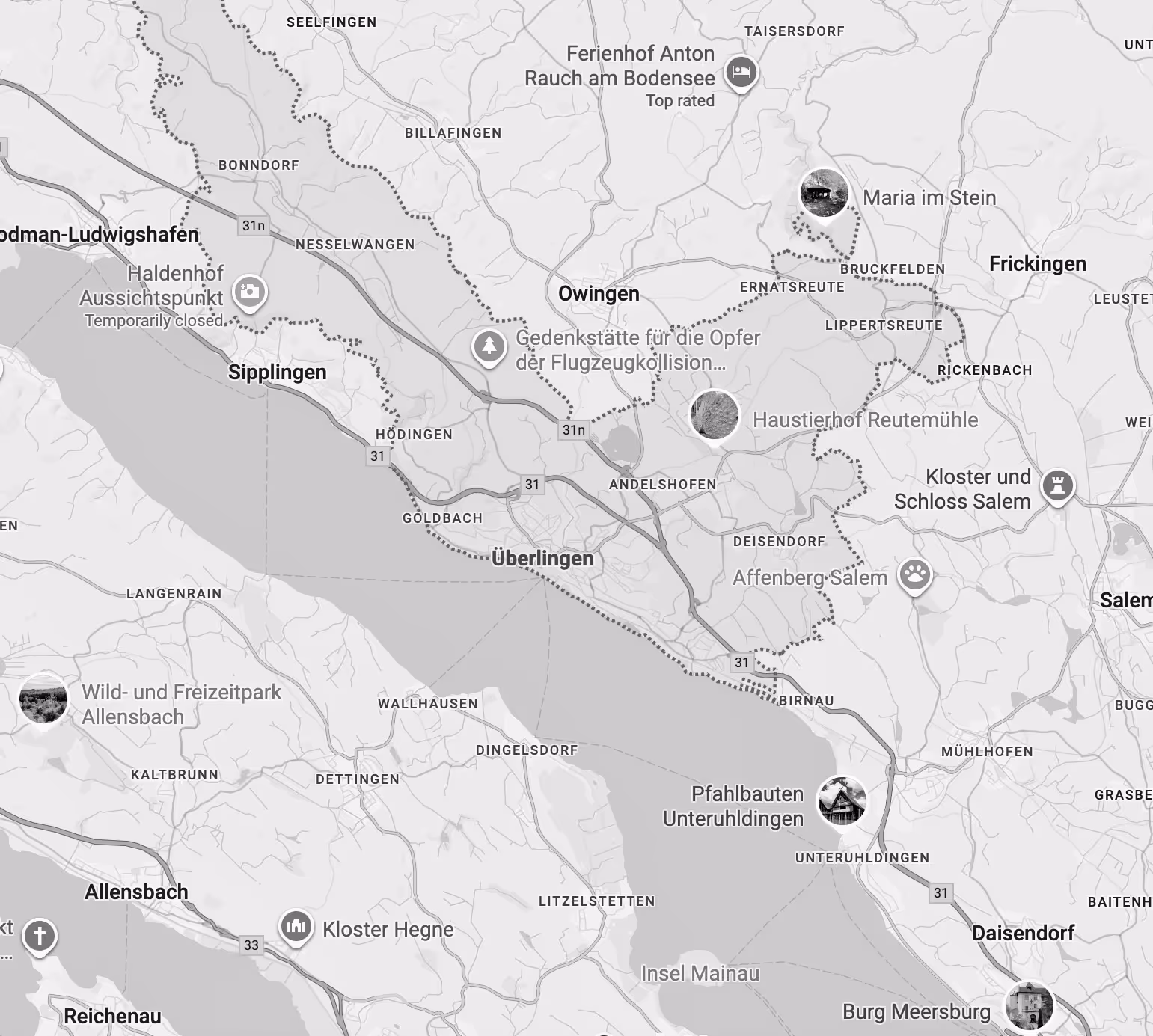 Map of area around Überlingen, Germany, showing towns, roads, and landmarks including Pfahlbauten Unteruhldingen and Kloster und Schloss Salem.