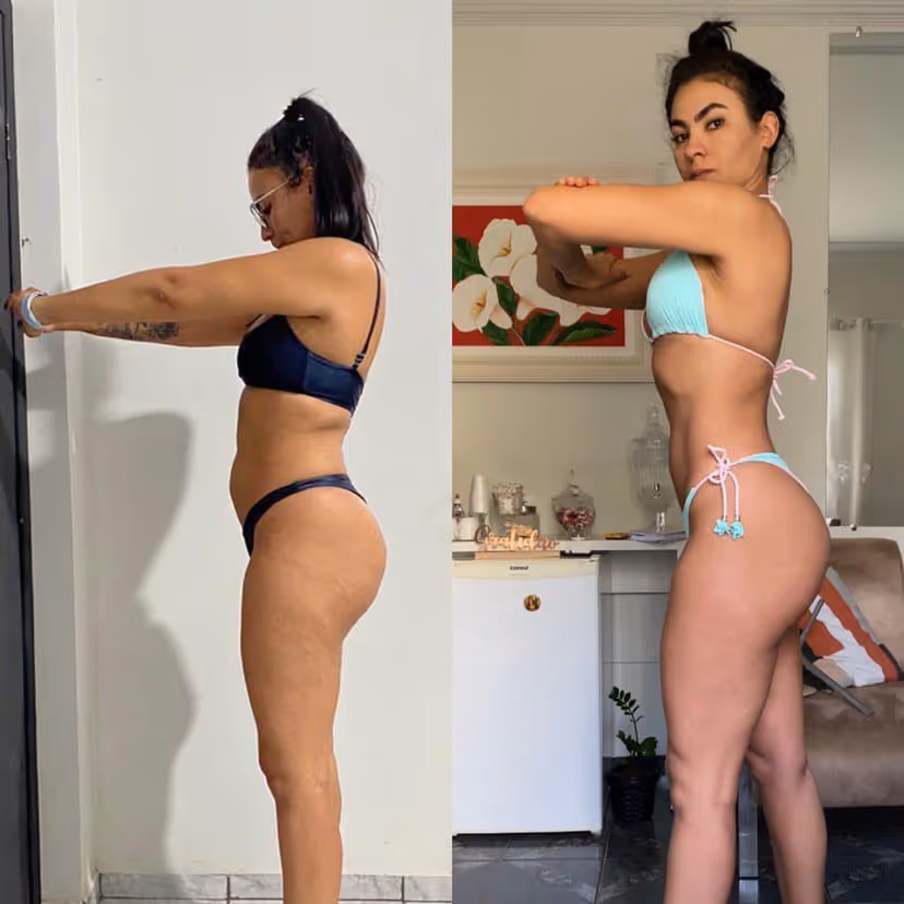 Side-by-side comparison of a woman before and after fitness transformation wearing a dark bikini on the left and a light blue bikini on the right.