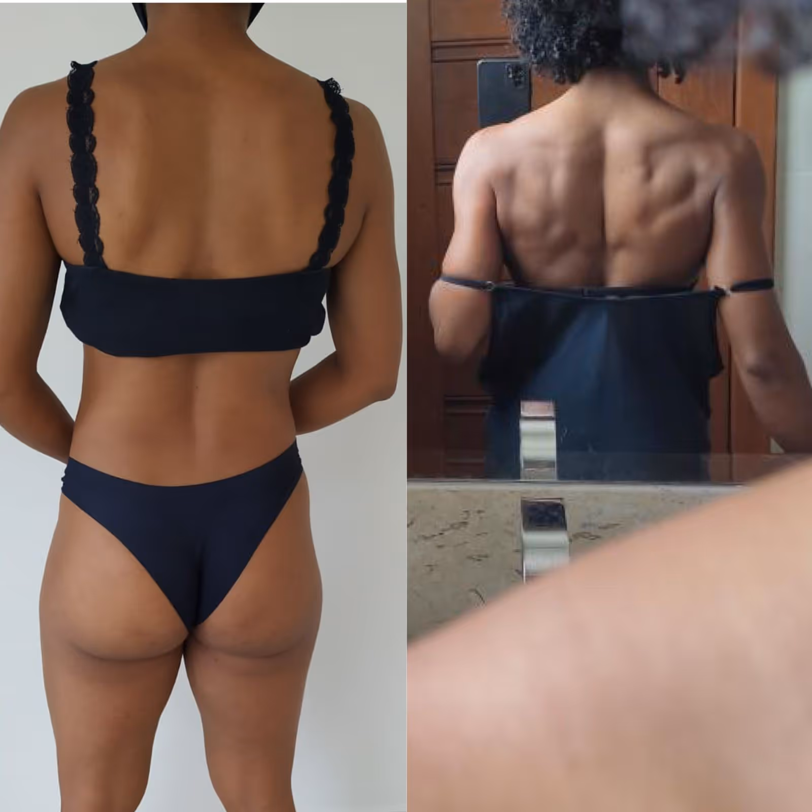 Side-by-side images of a person wearing black underwear: left shows a back view against a plain wall, right shows the person taking a mirror selfie lifting a black top to expose their back muscles.
