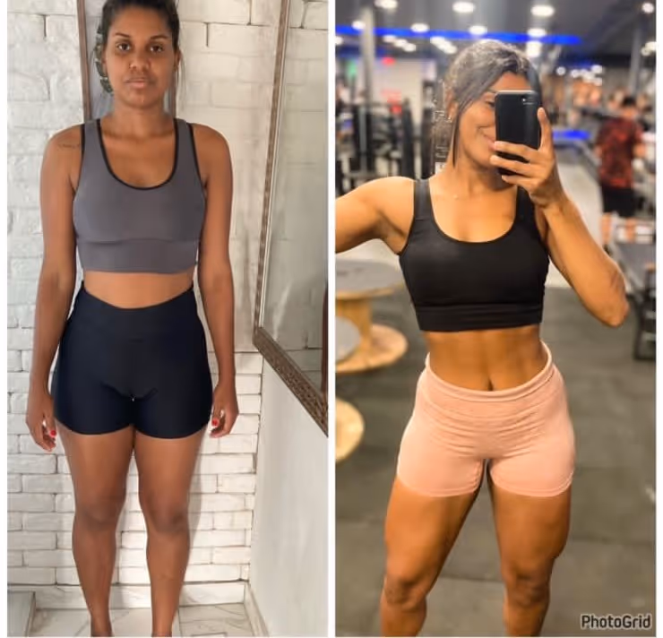 Side-by-side photos of a woman in workout clothes showing a fitness transformation, before and after muscle toning.