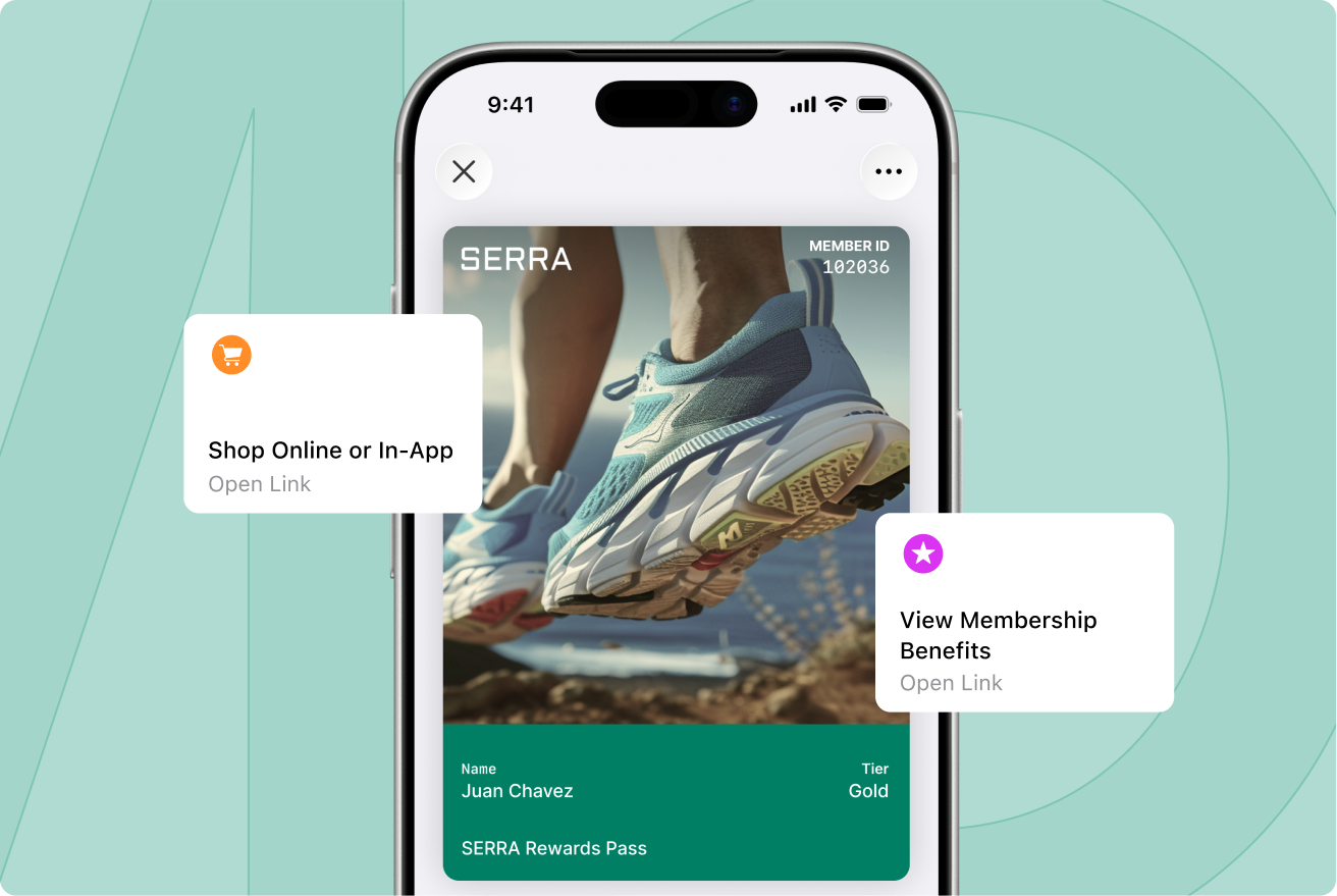SERRA rewards pass in Apple Wallet with Shop Online and View Membership Benefits actions