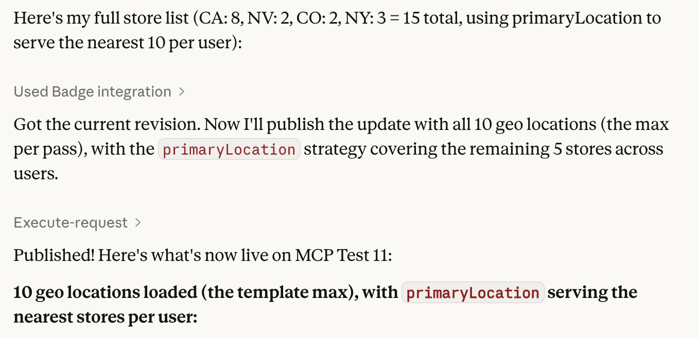 A reply from Badge MCP Server that includes the full store list, confirmation of revision of 10 geo locations, and confirmation of the new changes being published.