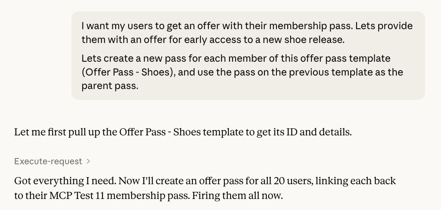 A conversation with Badge MCP Server that creates an offer with membership pass