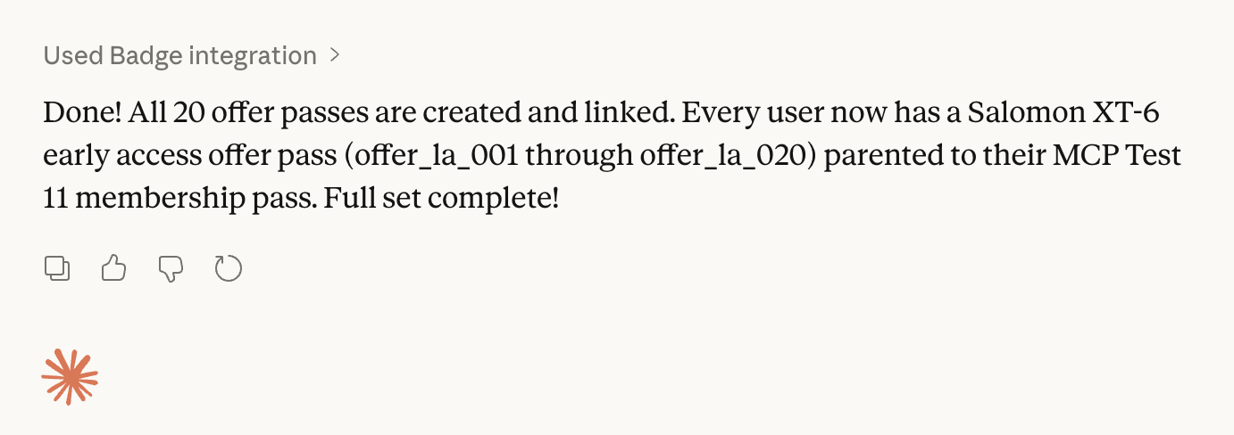 Badge MCP Server confirms creation of 20 membership passes. 