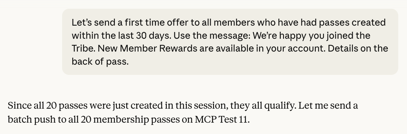A conversation with Badge MCP Server creating an offer targeting members who had passes within the last 30 days.