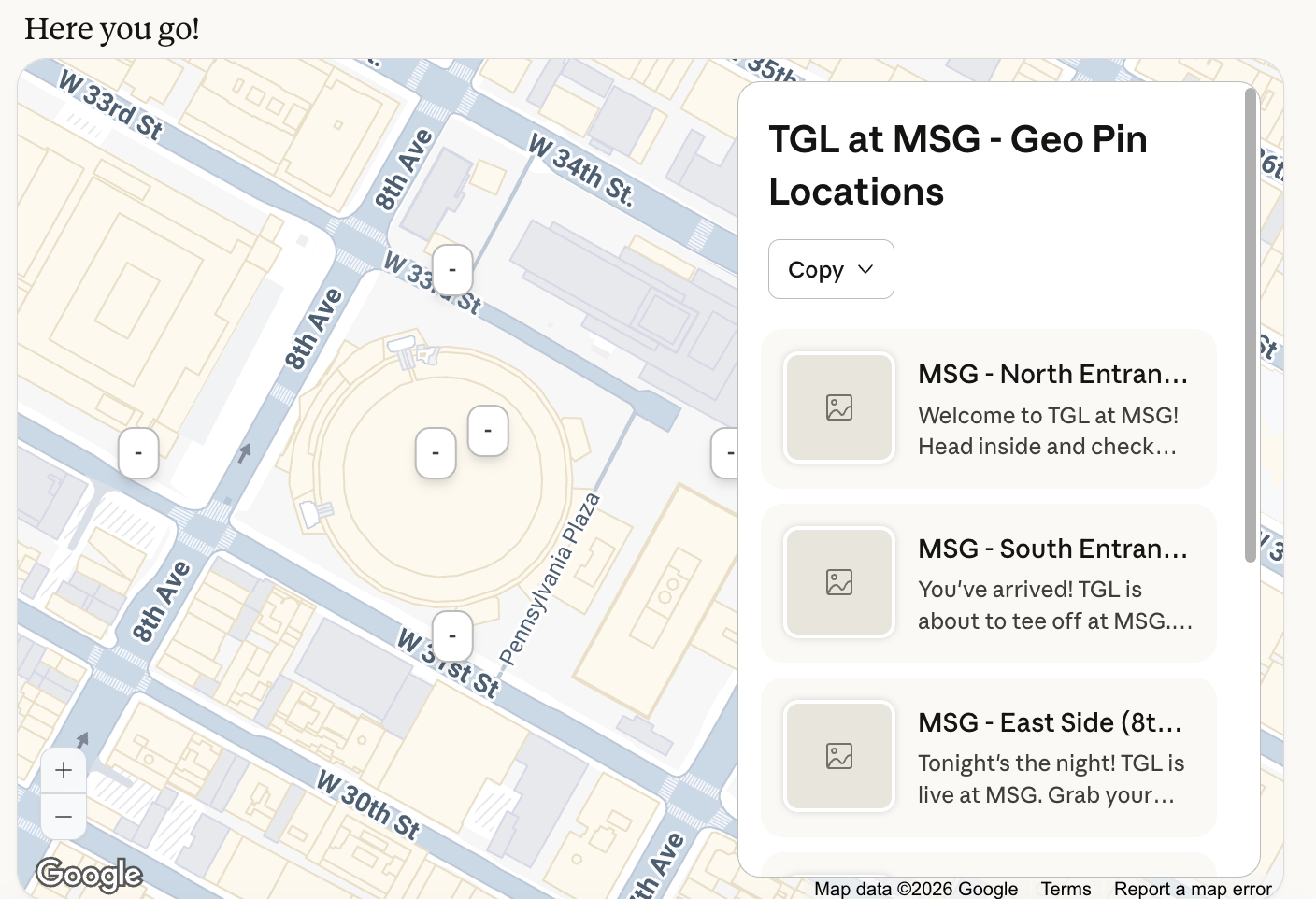 A confirmation from Badge MCP Server showing Geo Pin Locations for TGL at MSG