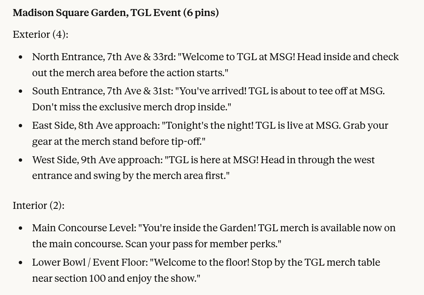 A reply from Badge MCP Server that shows mobile wallet passes and offers around Madison Square Garden for both exterior and interior