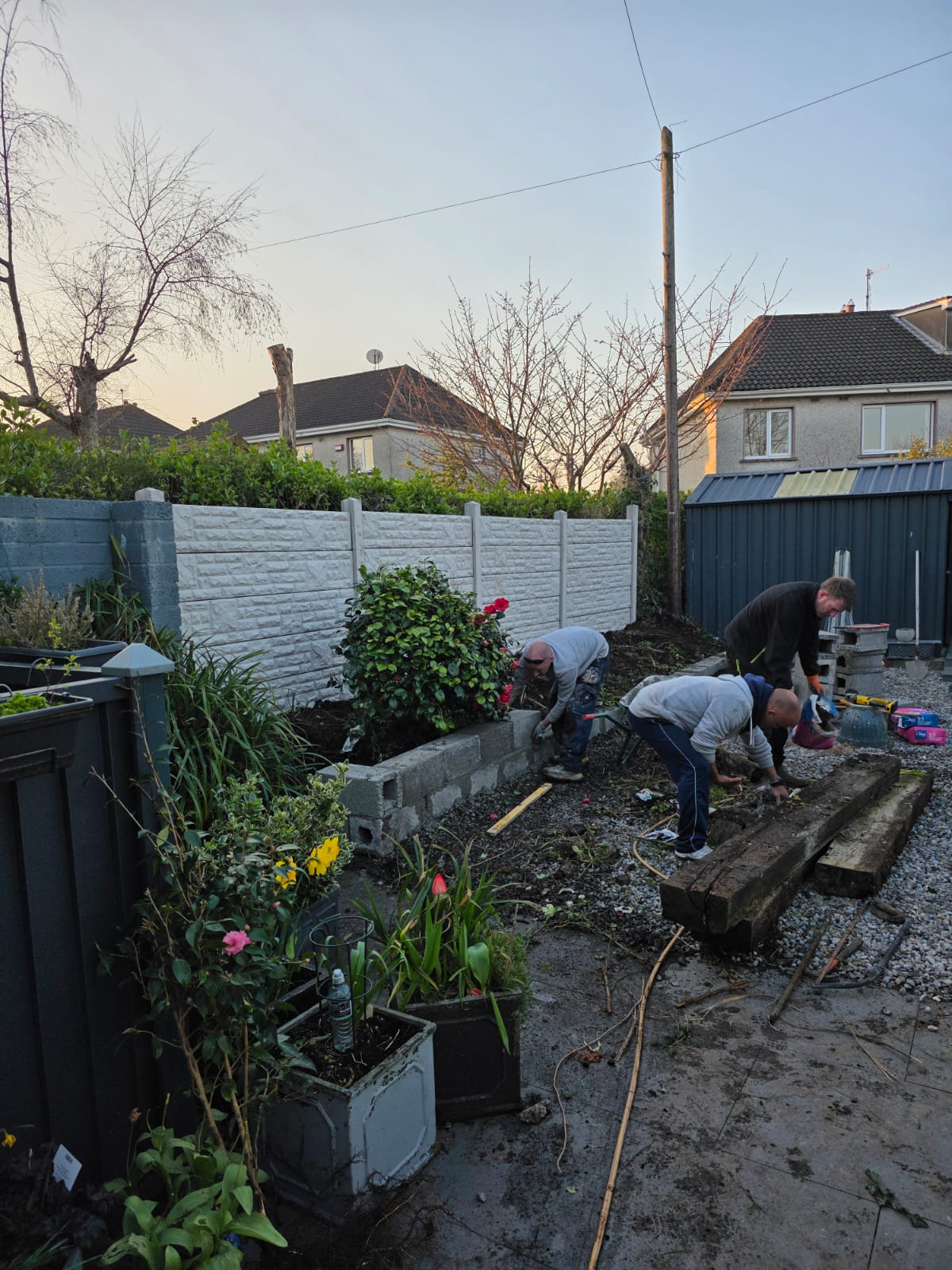 Three people working on building a raised garden bed with cinder blocks in a backyard garden at sunset.
