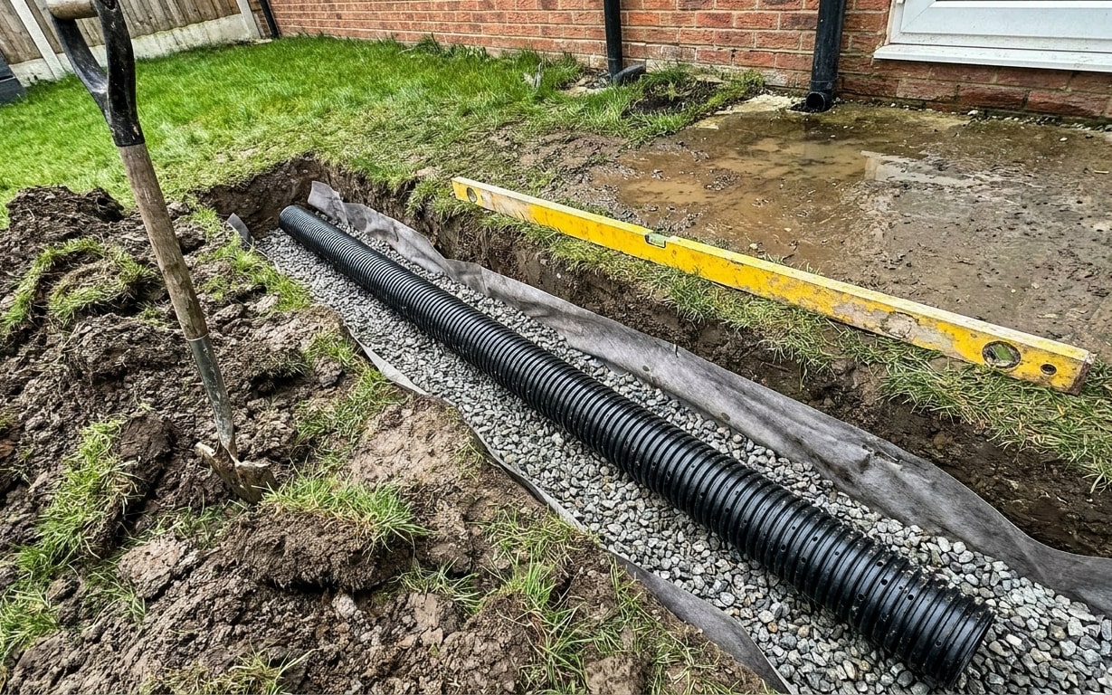 Drainage pipe installation in a trench with gravel base and surrounding soil, next to a brick house wall and a yellow level tool.