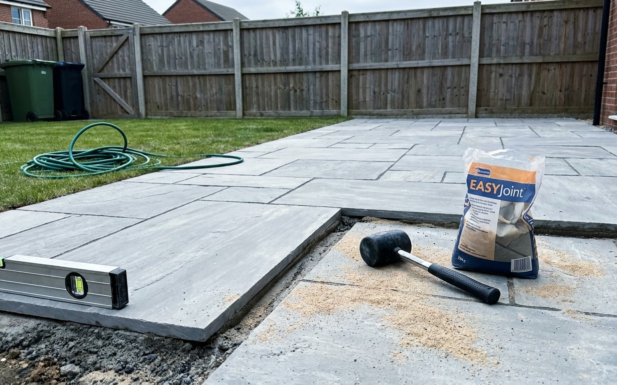 Partially installed gray patio paving stones with a spirit level on one stone, a rubber mallet, and a bag of EasyJoint paving jointing sand beside them, with a garden hose and wooden fence in the background.