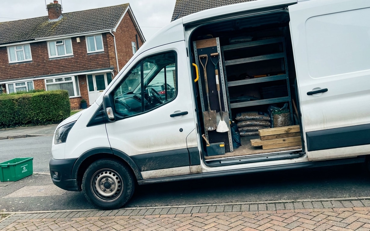 White work van parked on a street with its side door open showing gardening tools, wooden planks, and bags of soil inside.