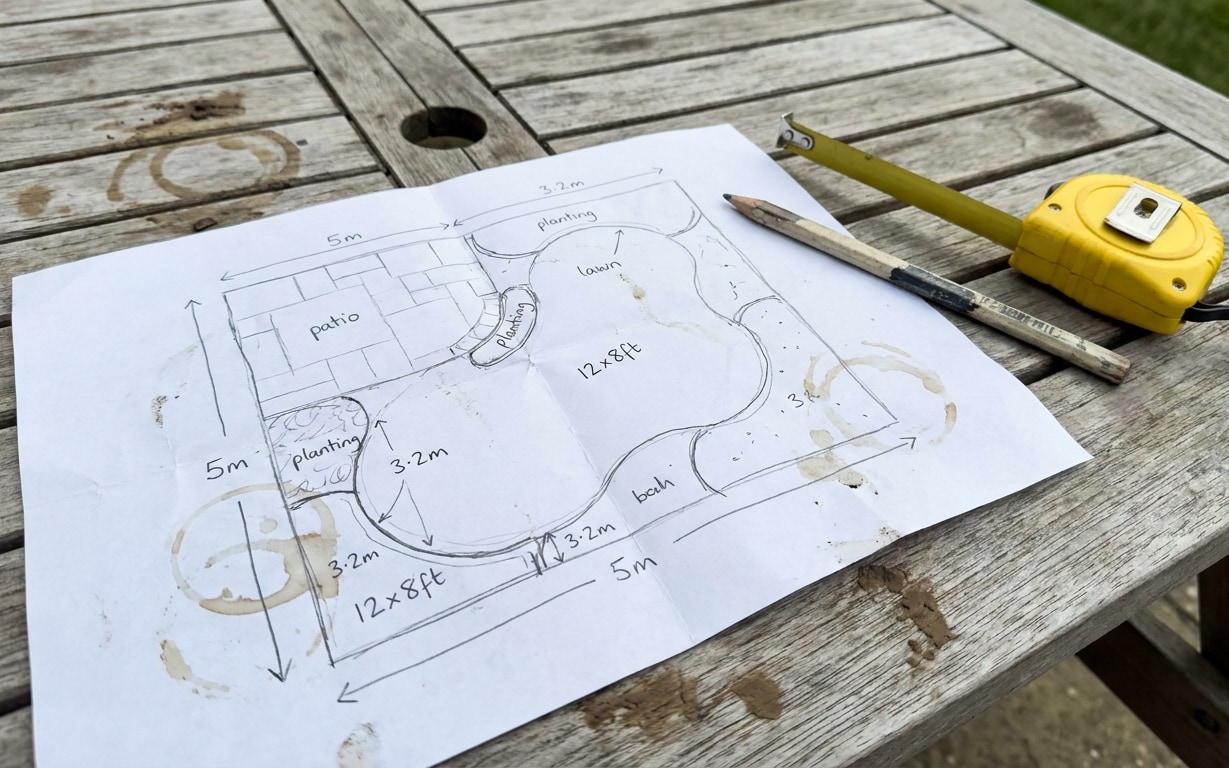 A garden layout sketch on stained paper showing patio, lawn, planting areas, and measurements with a pencil and yellow measuring tape on a wooden table.