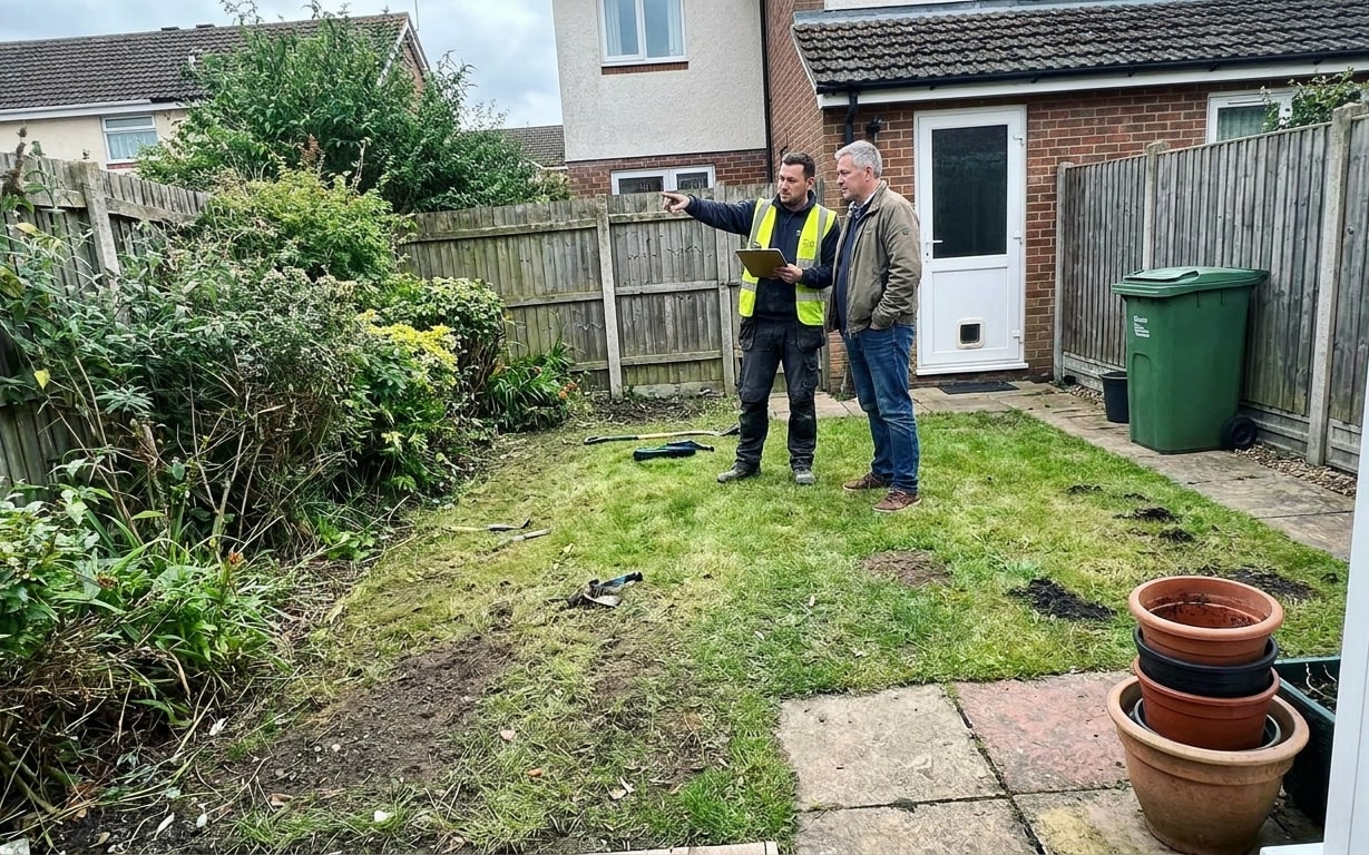 Two men standing in a backyard garden; one wears a yellow safety vest and points towards the left while holding a clipboard, the other listens attentively.