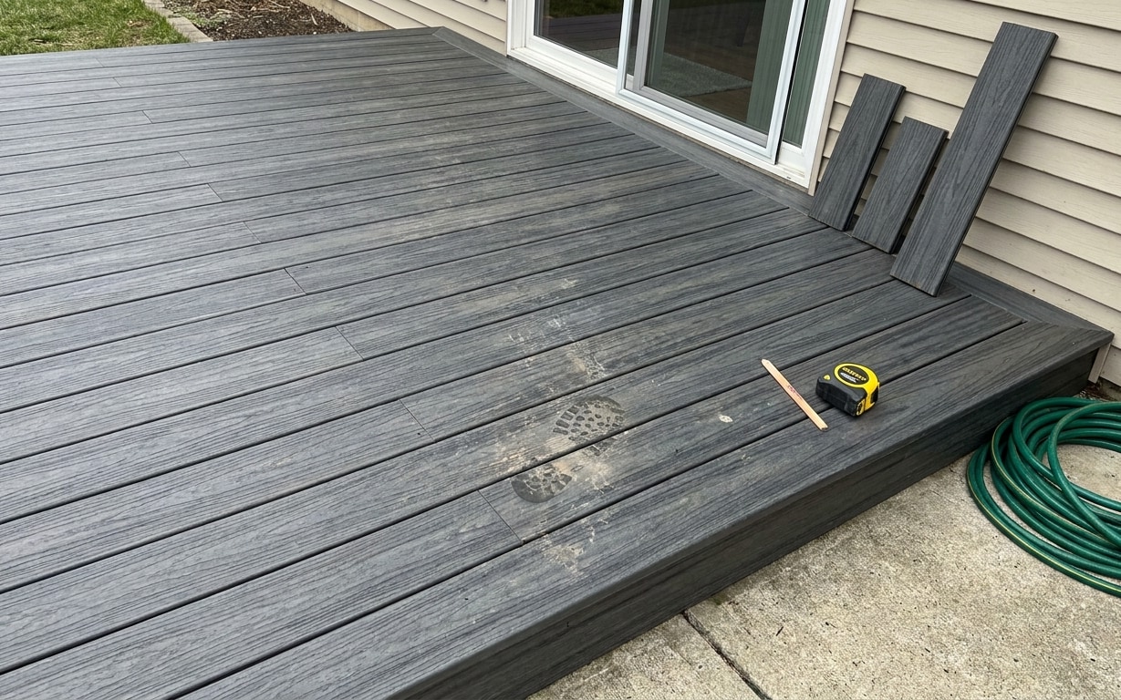 Gray composite decking with footprints in dirt, several loose decking boards, a tape measure, wooden stick, and green garden hose nearby.