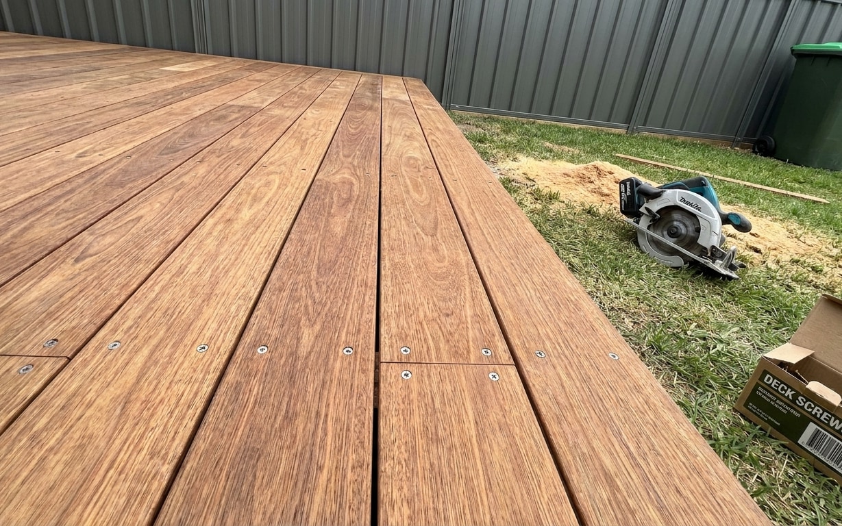 Close-up of newly installed hardwood deck boards with screws, a circular saw, and a box of deck screws on grass near a metal fence.