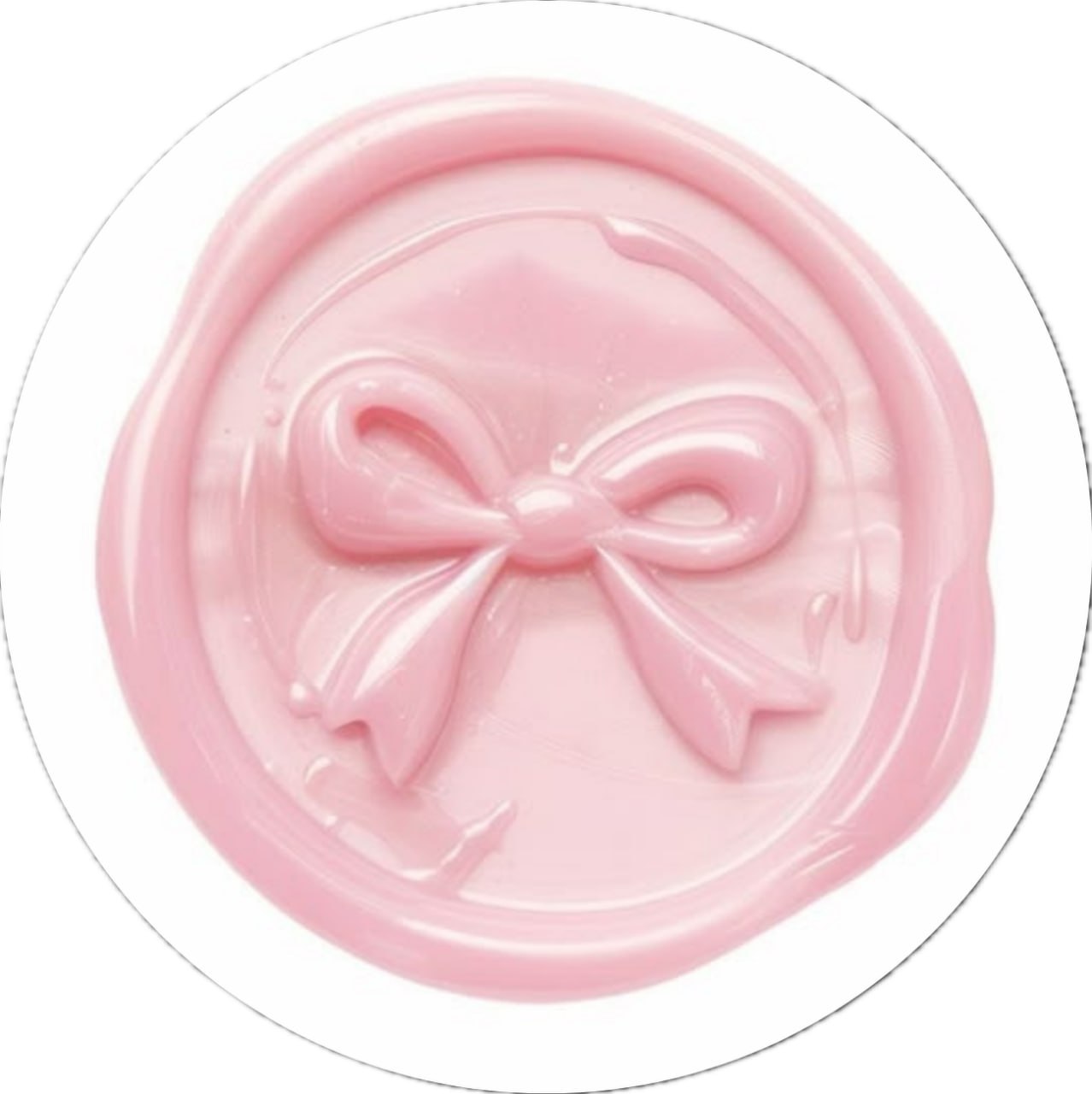 Pink wax seal with an embossed bow design in the center.