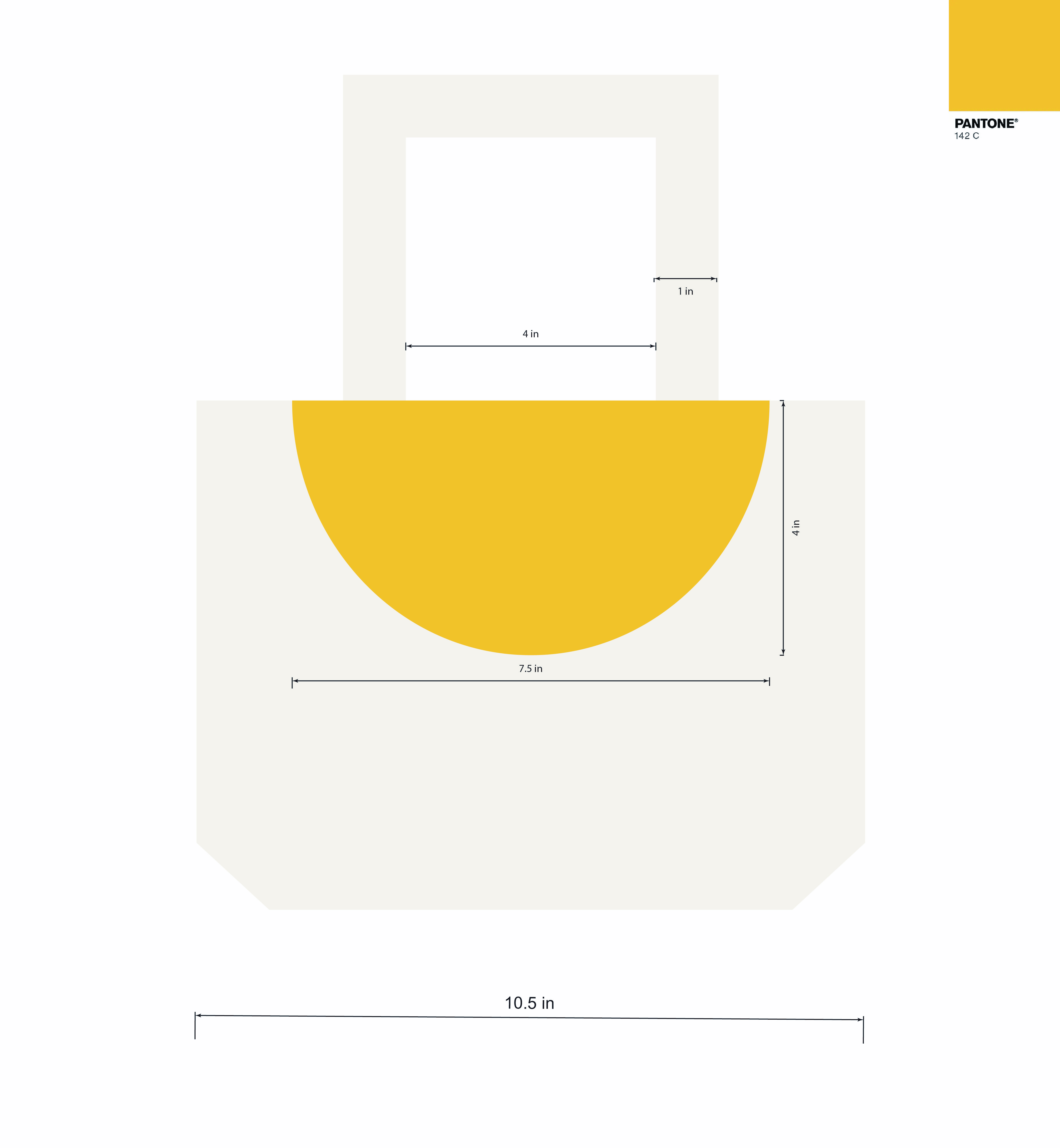 Diagram of a tote bag with dimensions: 10.5 inches wide, 7.5 inches yellow semi-circle design 4 inches tall, 4 inch wide handles spaced 1 inch apart, Pantone 142 C color.