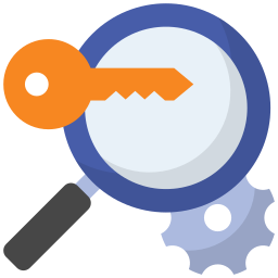Orange key over a magnifying glass with a gear behind it, symbolizing keyword or key search settings.