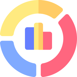 Colorful circular chart icon with three vertical bars in the center.