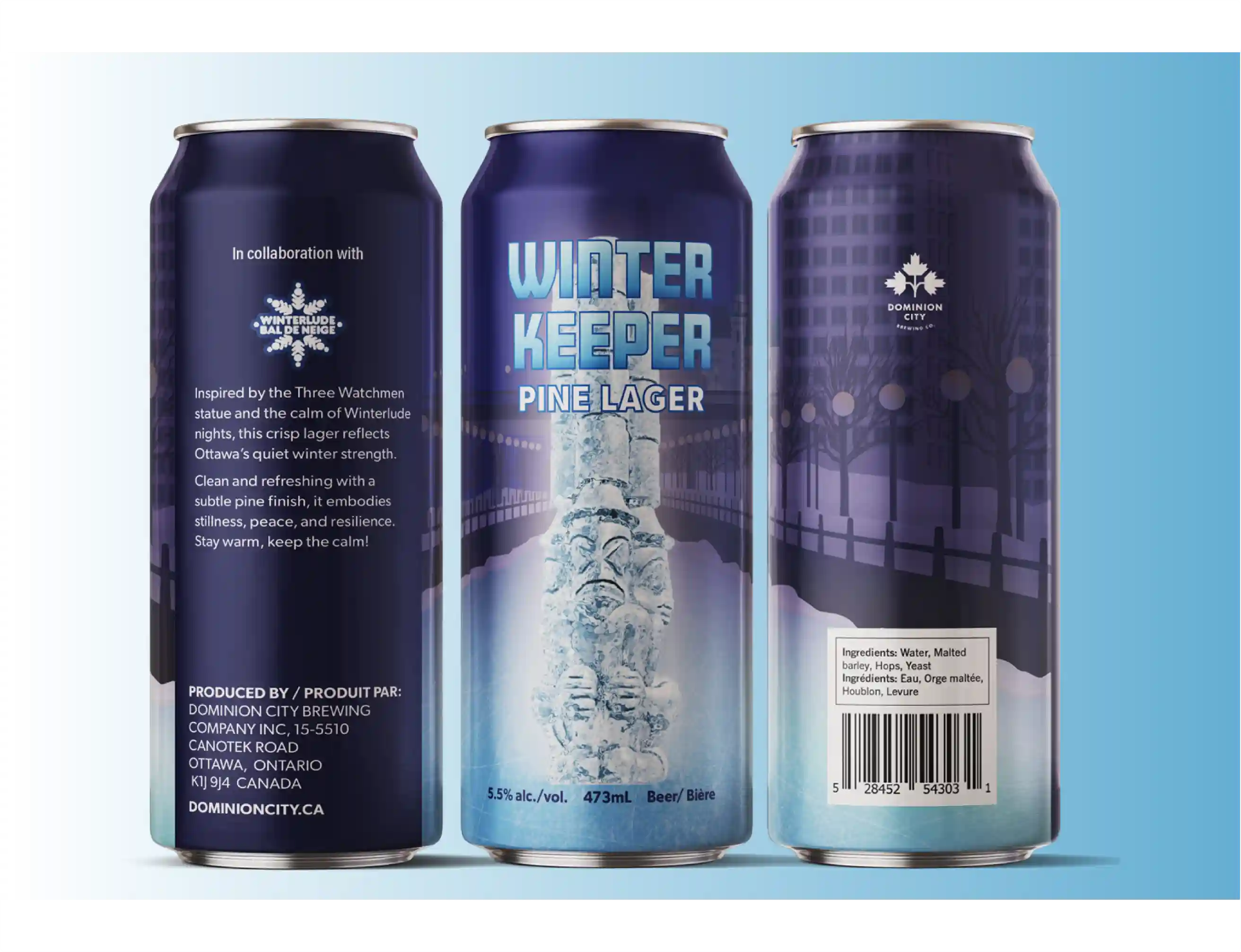 Three views of a dark blue can of Winter Keeper Pine Lager