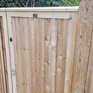 Closeboard side gate with capping rail and secure latch in residential garden.