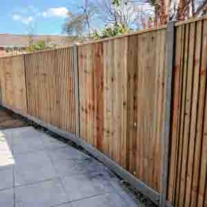 Closeboard timber fencing with concrete posts and gravel boards along a curved garden edge.