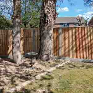 Closeboard fence with concrete posts and gravel boards fitted around mature garden trees.