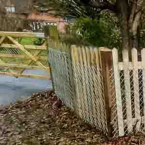 Curved timber picket fence enclosing a garden corner beside trees and shrubs.