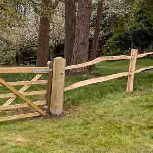 Three-rail wooden fence marking a rural boundary beside trees and open countryside.