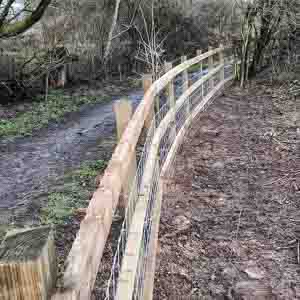 Curved post and rail fencing following the natural shape of a wooded path.