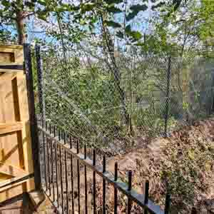 Decorative steel fence with timber edging alongside a landscaped garden.
