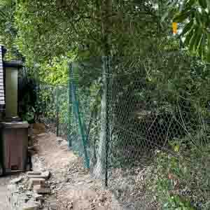 Wire mesh fencing running alongside shrubs and trees for added property security.
