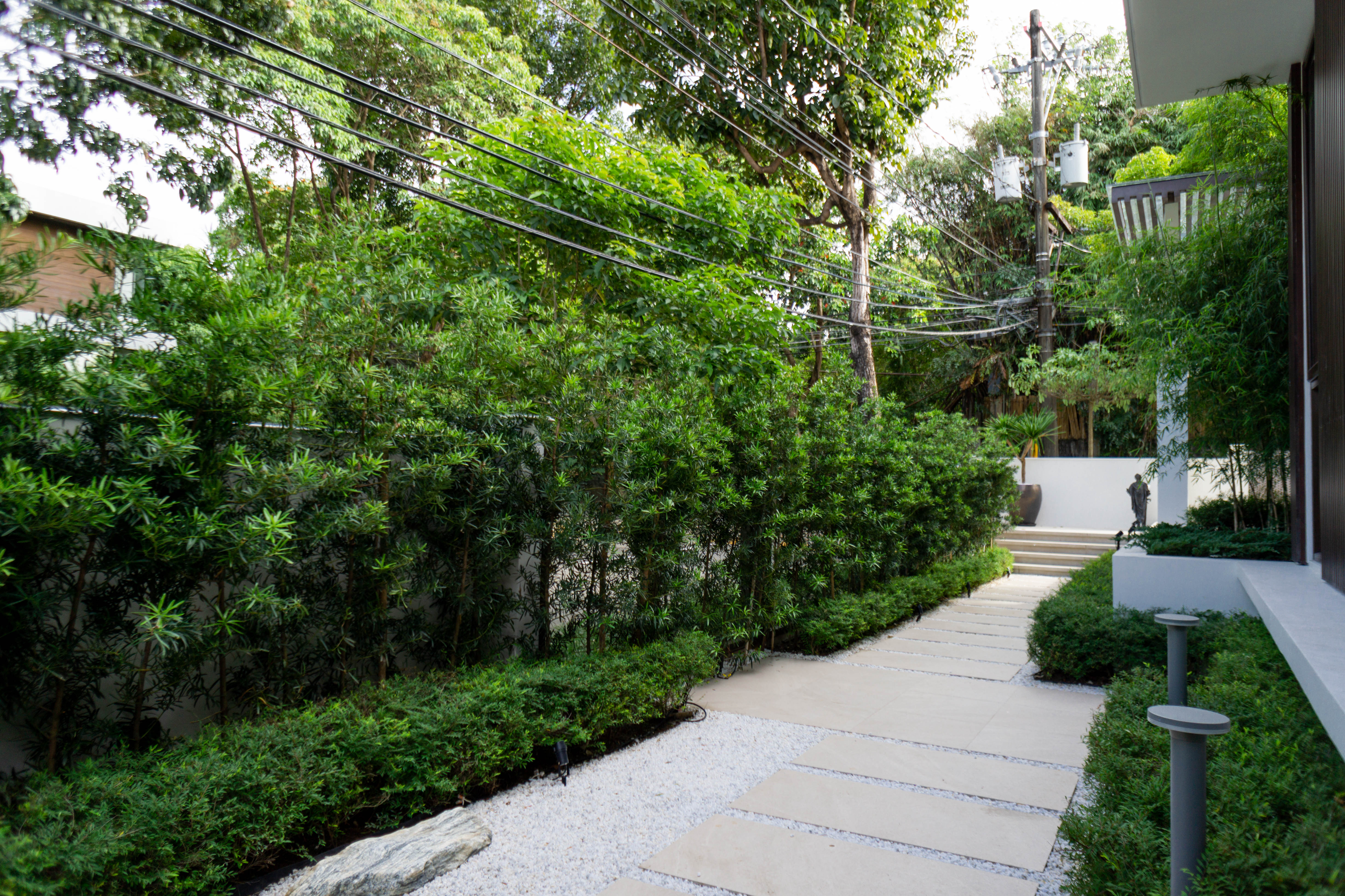 Bahay Huni — This garden pathway showcases dense green walls and bamboo hedges, emphasizing textural variety, and leads to a sculpture at the end, blending natural growth with a structured design