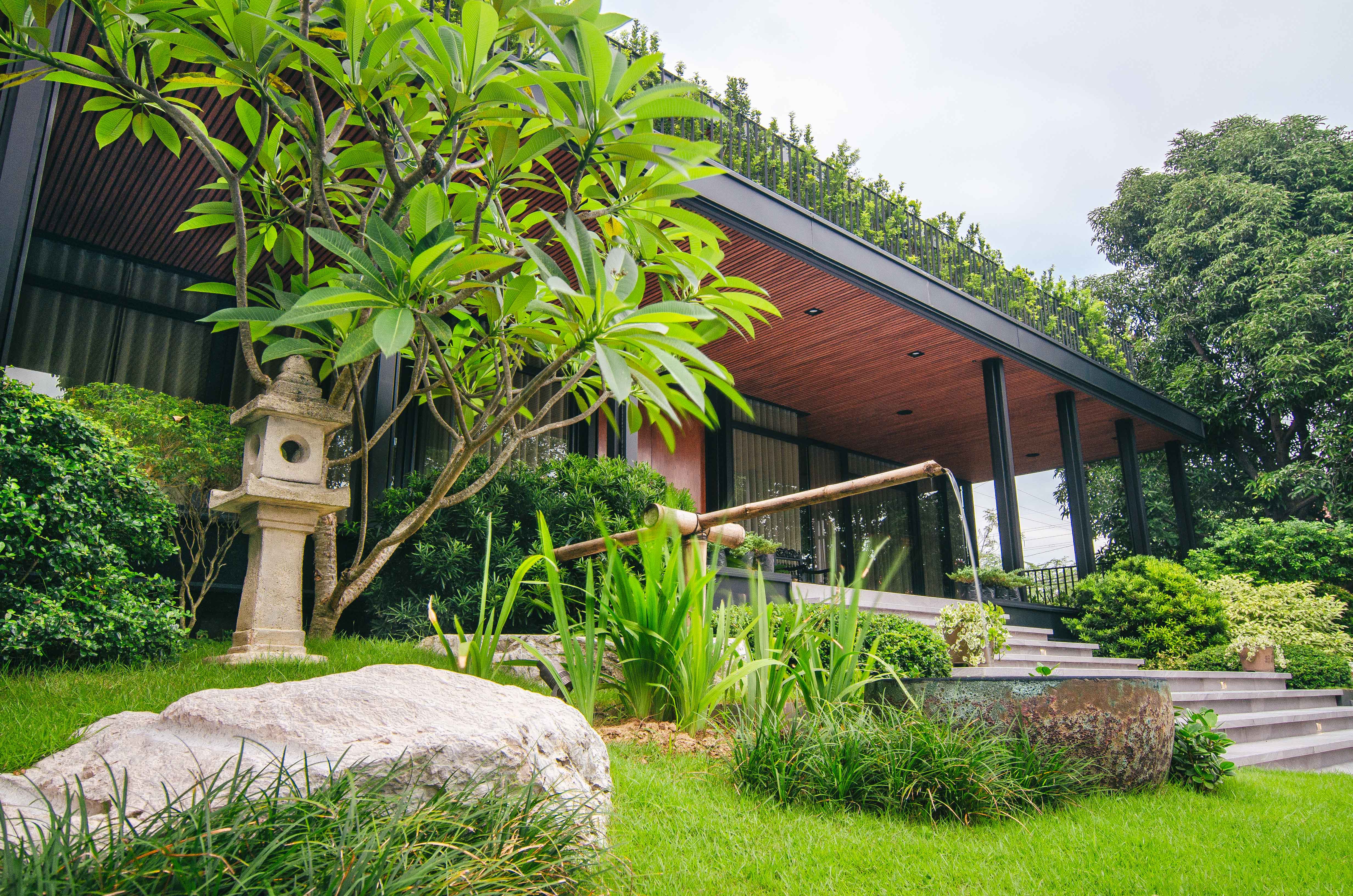 Japanese Chic — Lush planting, accent boulders, and hints of Japanese elements softens and balances the modern architectural structure throughout the property