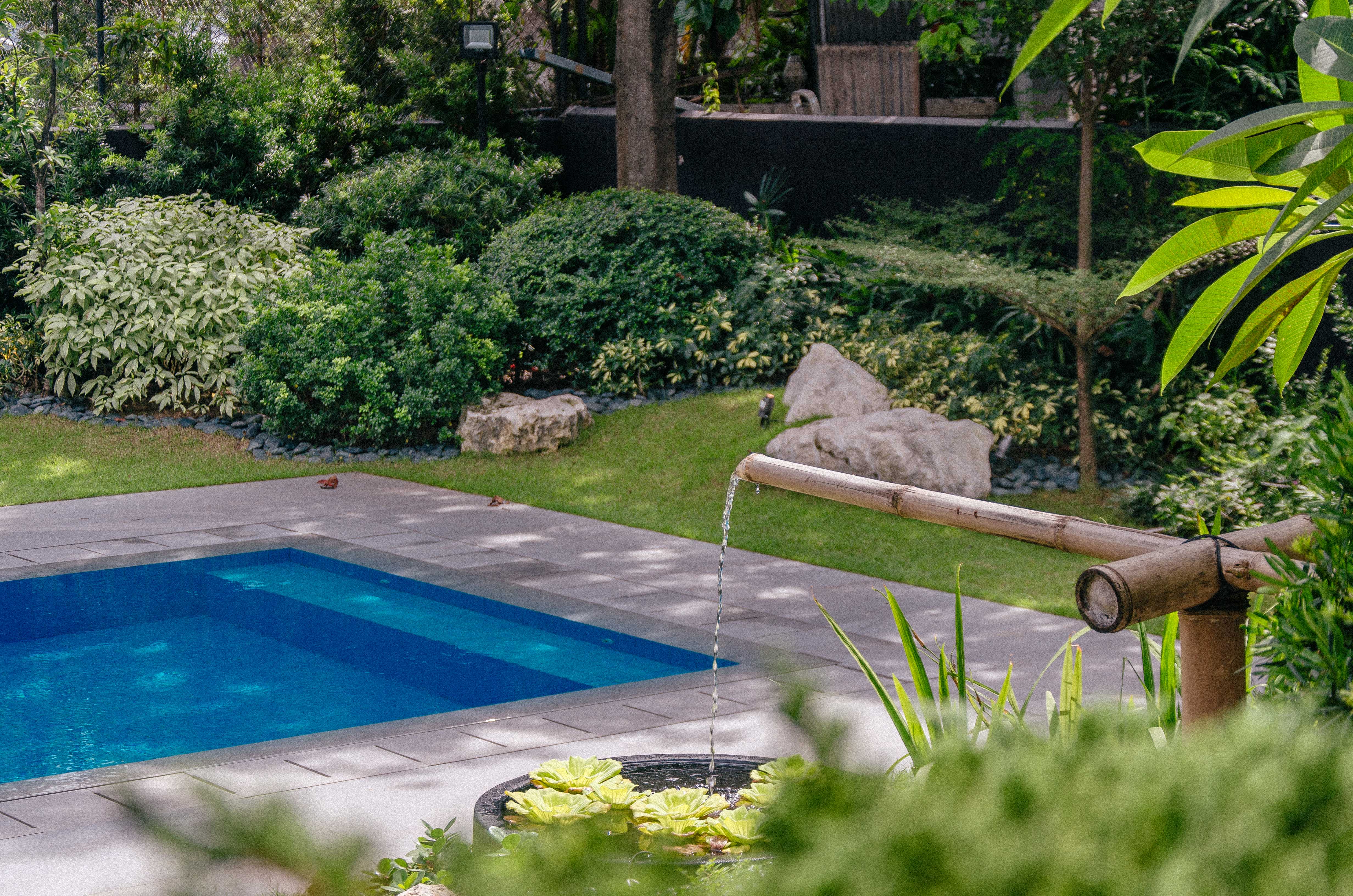 Japanese Chic — Bamboo, evergreen shrubs, and boulders are the central elements that tie in together the modern design and frame the simple swimming pool of the property