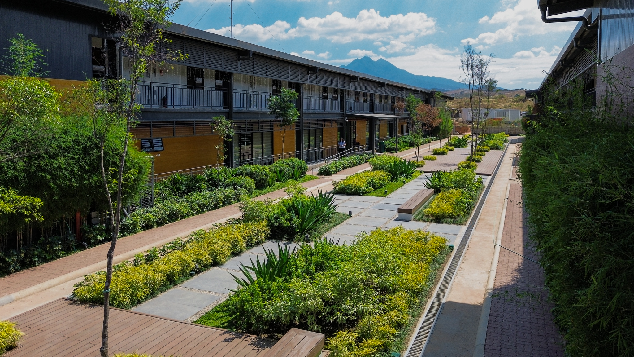 The linear garden sits in between two buildings and features sections of wooden decks, paved walkways on gravel beds, seating areas, and lush planting.