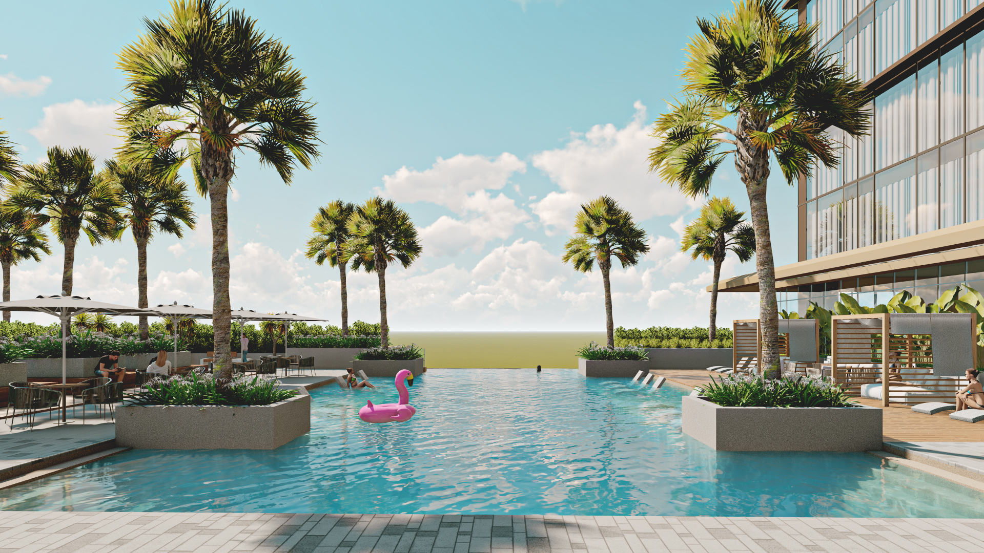 The hotel roof deck features an infinity pool with ledge loungers, planter boxes of palms, and is surrounded by patio dining sets and outdoor cabanas.