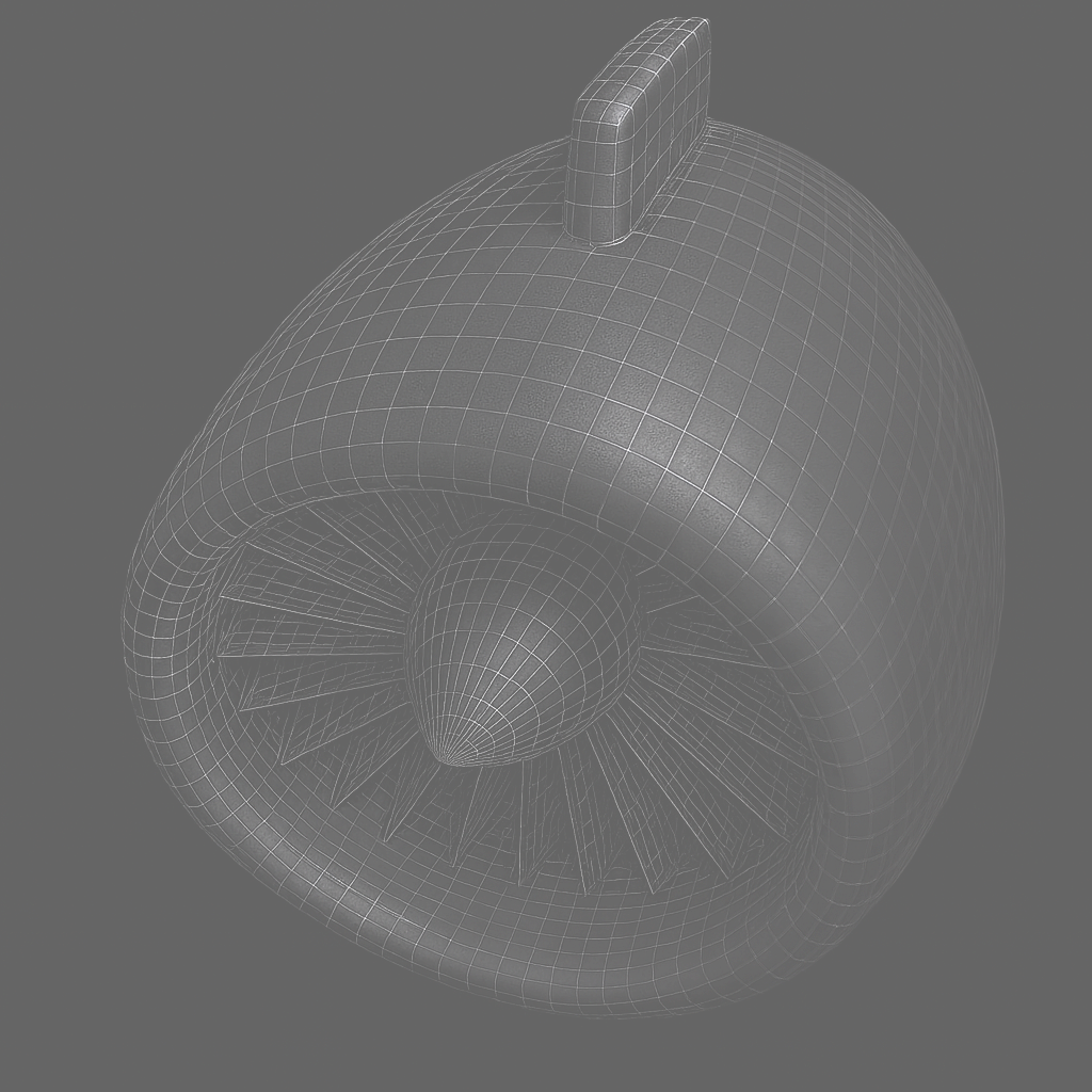 3D wireframe model of a jet engine turbine with visible blades and spinner cone.