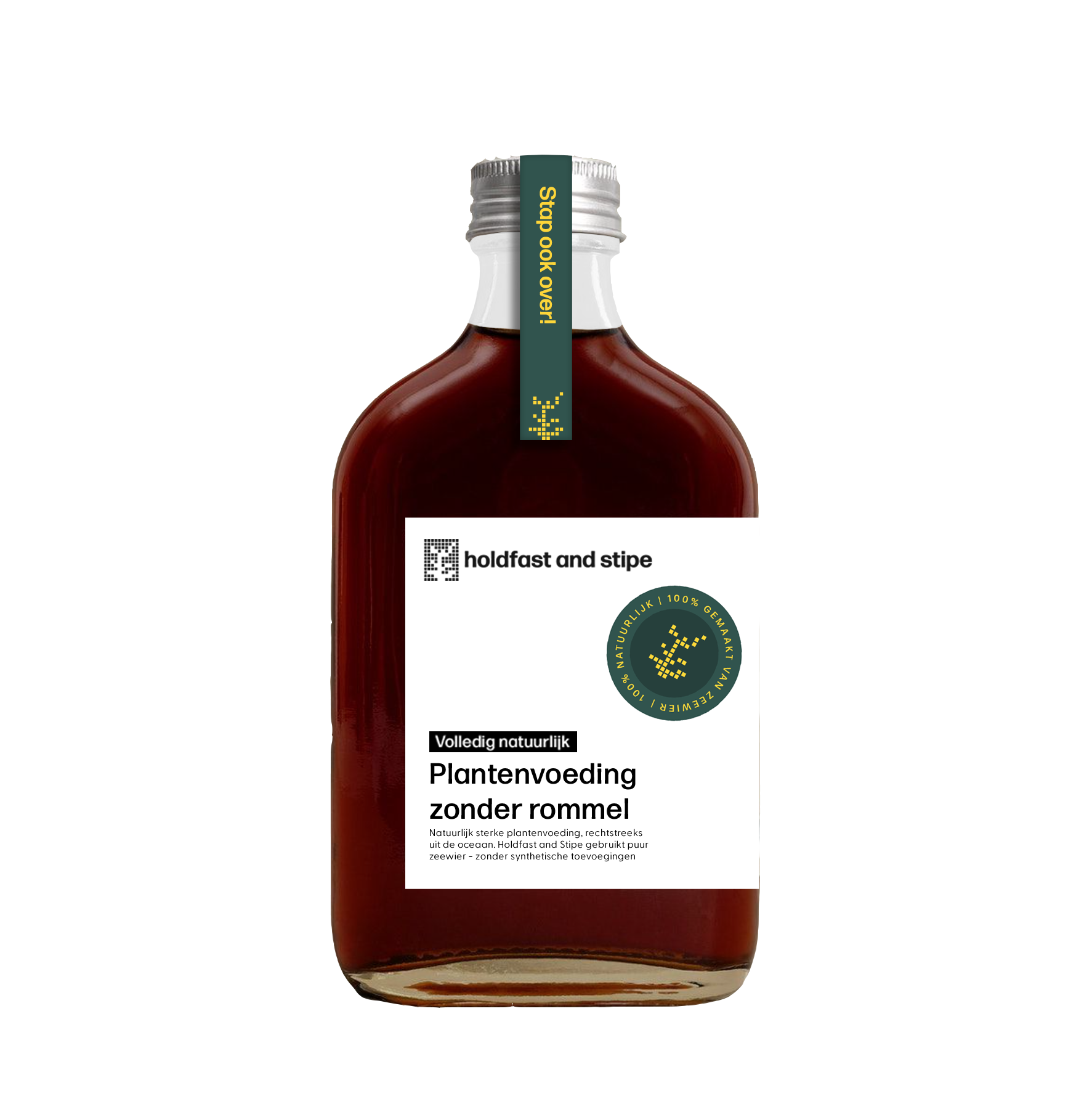 Fles met donkerbruine vloeistof en etiket waarop staat 'Volledig natuurlijk plantenvoeding zonder rommel' van Holdfast and Stipe.