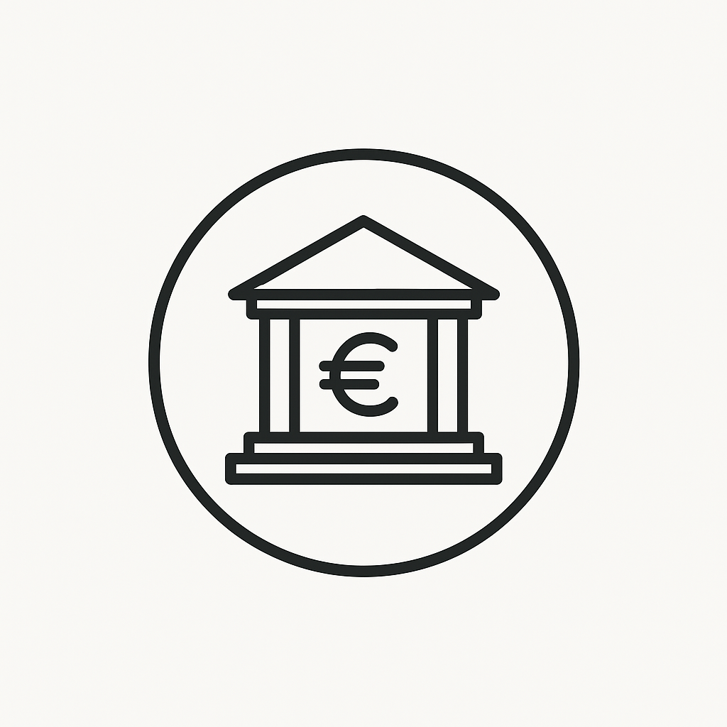 Bank building icon with Euro currency symbol inside a circular border.