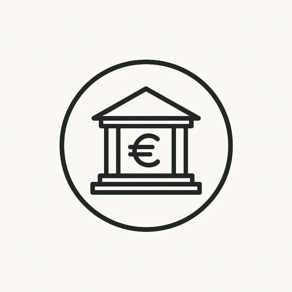 Bank building icon with Euro currency symbol inside a circular border.