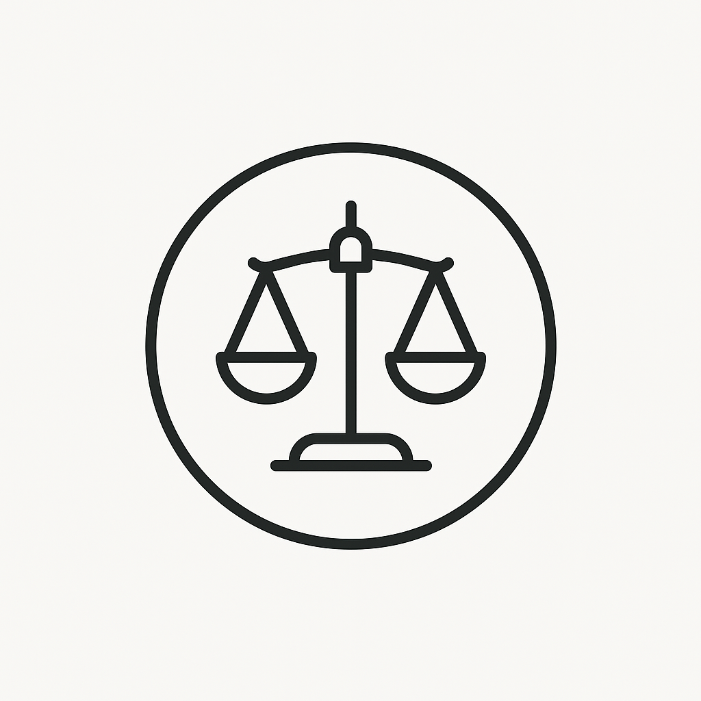 Black outline icon of balanced scales inside a circle on a light background.