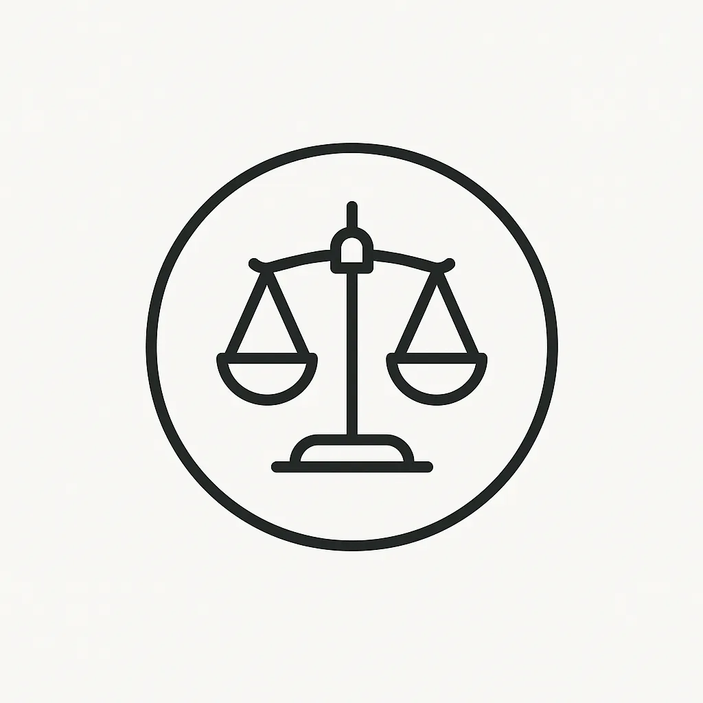 Black outline icon of balanced scales inside a circle on a light background.