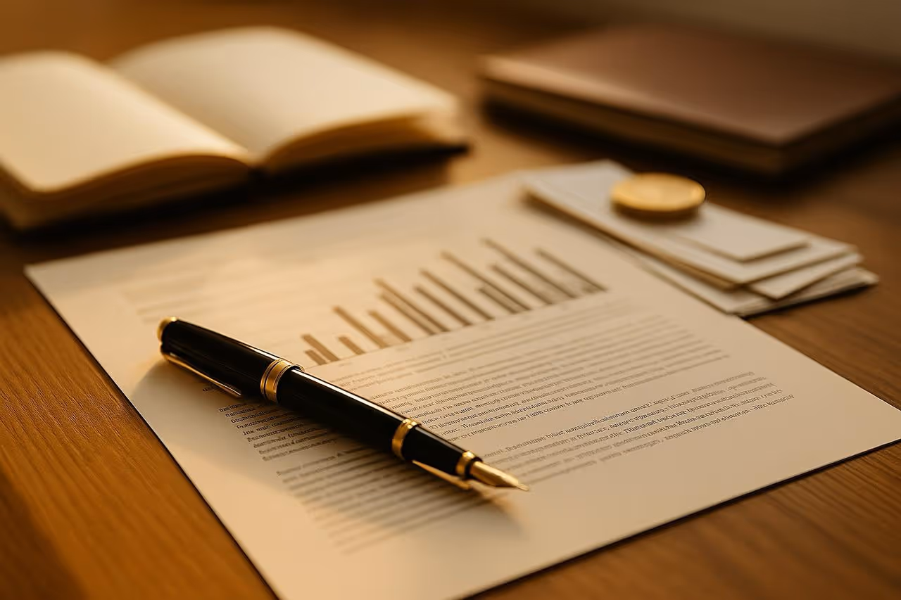 Black and gold fountain pen resting on a printed document with a bar graph, with an open book and stacked papers in the background on a wooden desk.