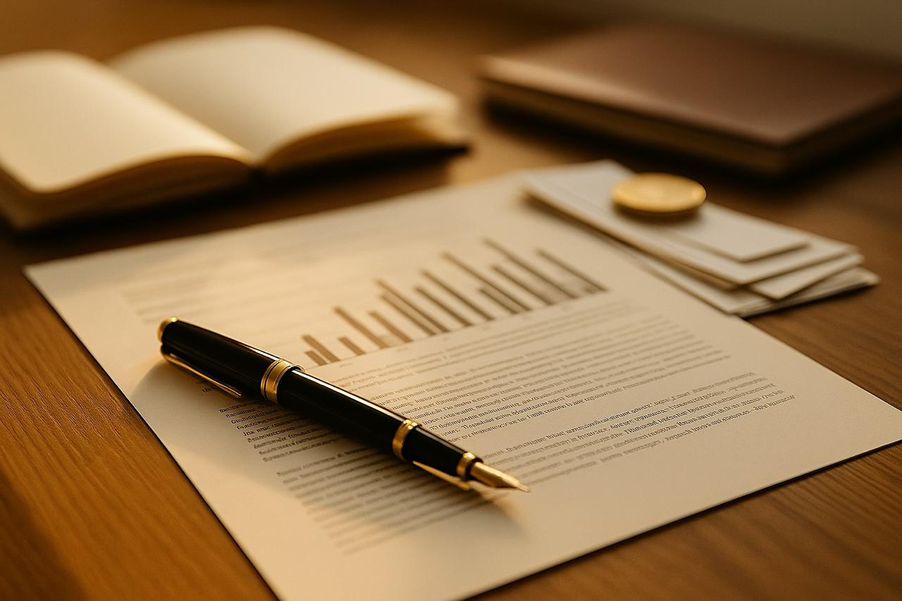 Black and gold fountain pen resting on a printed document with a bar graph, with an open book and stacked papers in the background on a wooden desk.