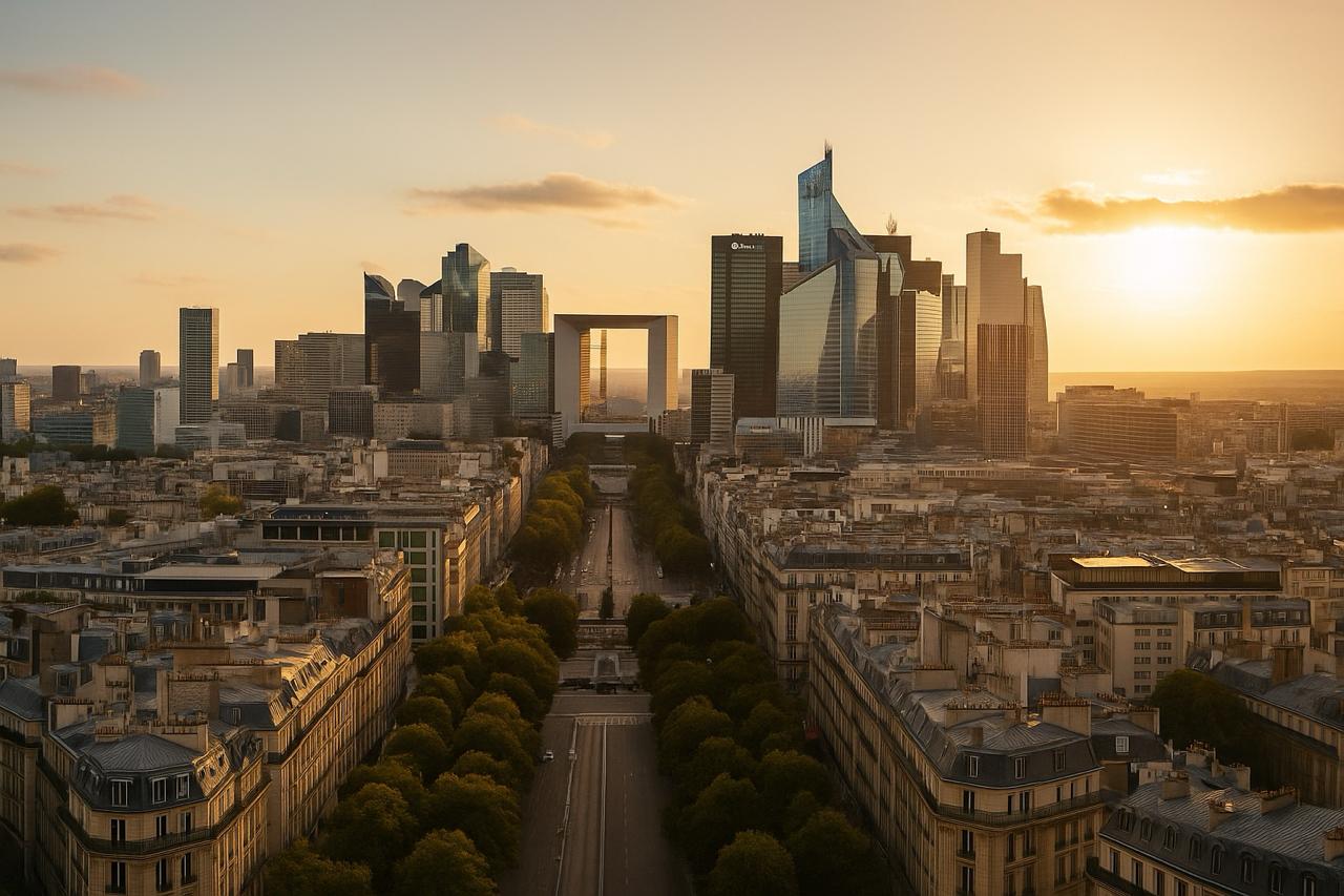 Aerial view of La Défense business district in Paris during sunset, showing skyscrapers and the Grande Arche along a tree-lined avenue.