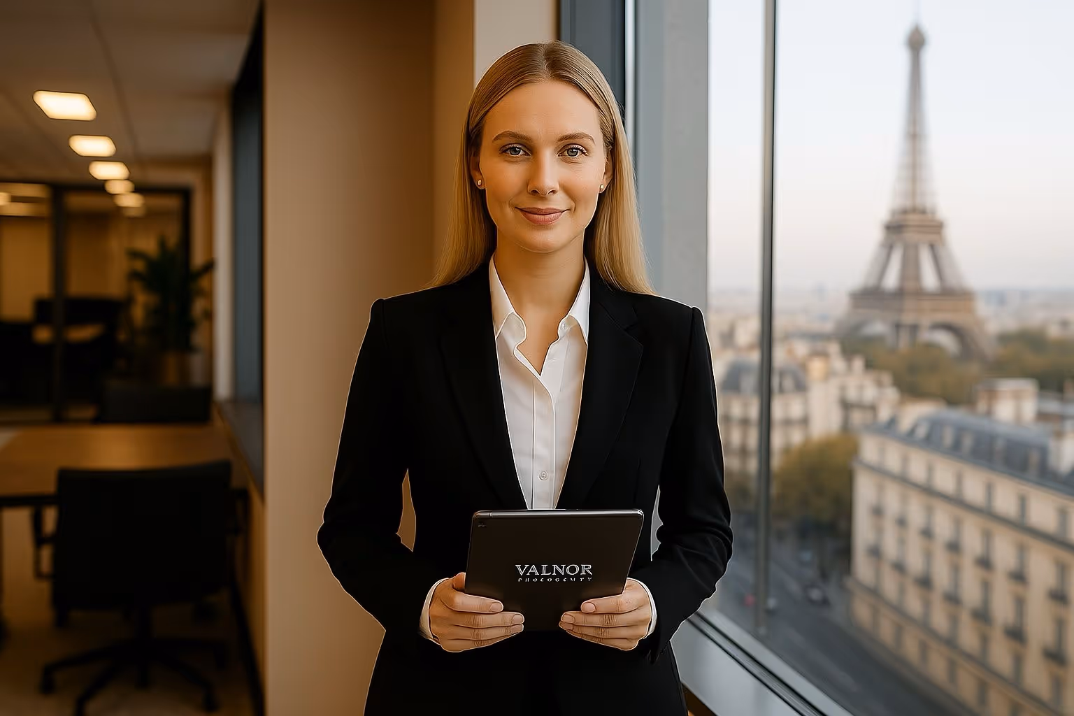 Smiling businesswoman in black blazer holding a tablet in an office with the Eiffel Tower visible through the window.
